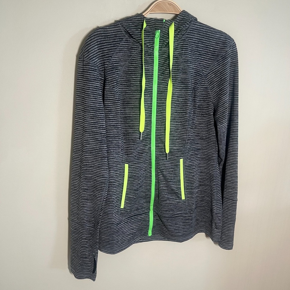 LUKKA Women's Medium Active Black Gray Stripe Full Zip Hoodie Jacket Neon Accent - Picture 3 of 10